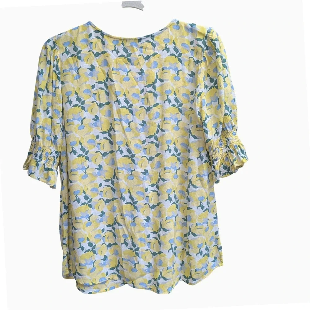 3/$25 LOFT Floral Blouse M Yellow Blue Puff Sleeve Smocked Ruffle Cuff Top